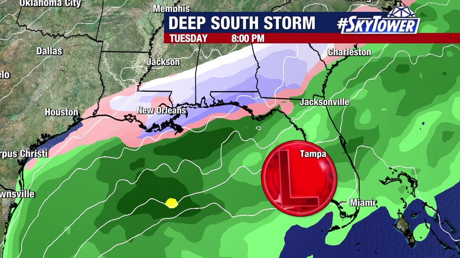 Snow is possible in the Florida Panhandle along the I-10 corridor late Tuesday into Wednesday.