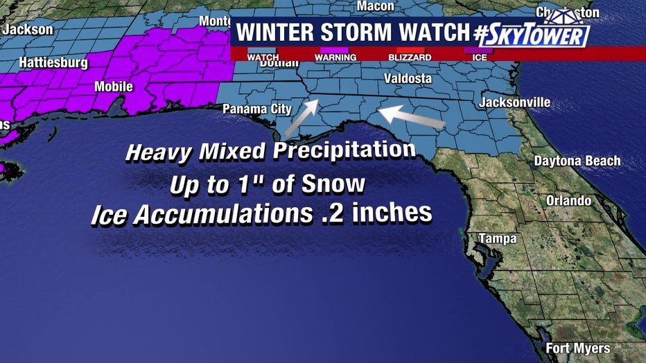 Snow and sleet are possible in the Florida Panhandle along the I-10 corridor late Tuesday into Wednesday.