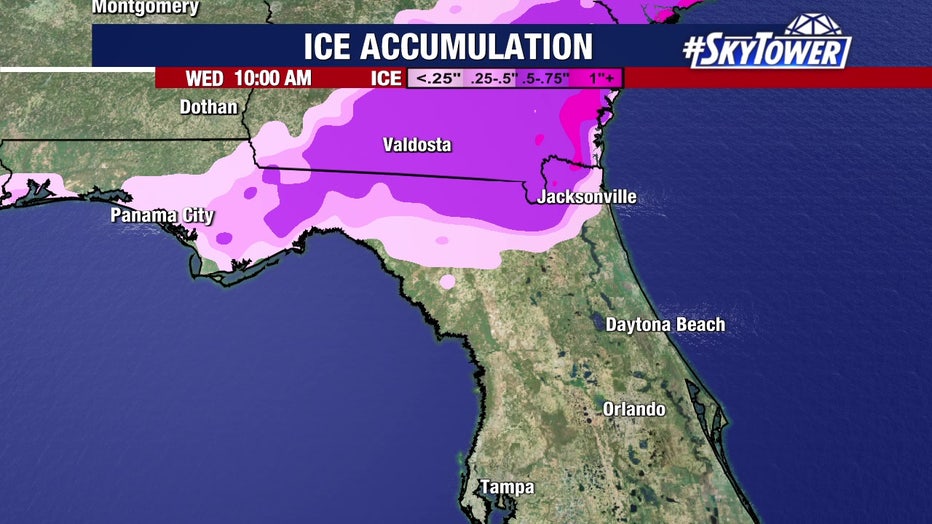 Ice could accumulate in parts of north Florida on Tuesday into Wednesday, making for dangerous road conditions.