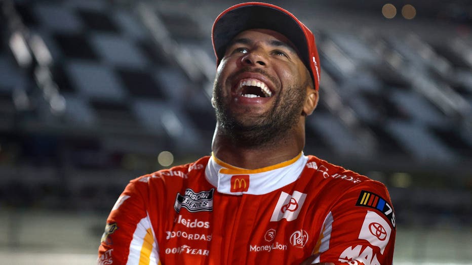 Bubba Wallace, driver of the #23 McDonald's Toyota, laughs during qualifying for the Busch Light Pole at Daytona International Speedway on February 15, 2023 in Daytona Beach, Florida. (Photo by Sean Gardner/Getty Images)