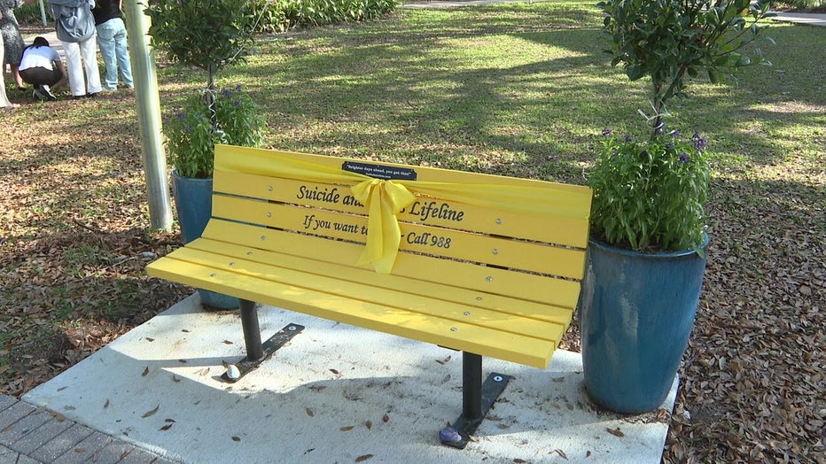 988 Suicide Prevention bench at USF's Greek Village, which is meant to raise awareness about mental health resources.