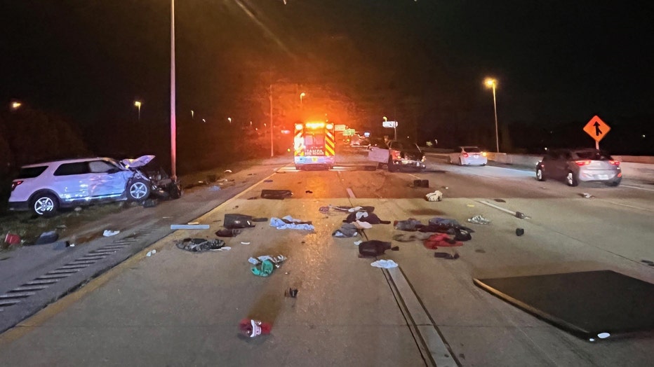 Debris from the crash scattered across multiple lanes of I-4.