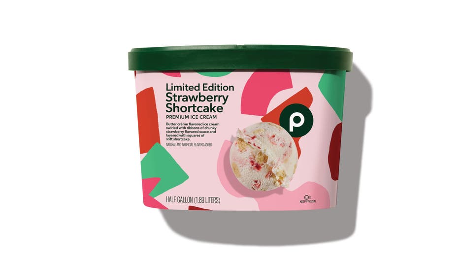 Butter crème flavored ice cream swirled with ribbons of chunky strawberry flavored sauce and layered with squares of soft shortcake. Image is courtesy of Publix.
