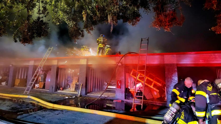 Crews battled a three alarm fire at a storage facility in the Temple Terrace area. (Courtesy: Hillsborough County Fire Rescue.)