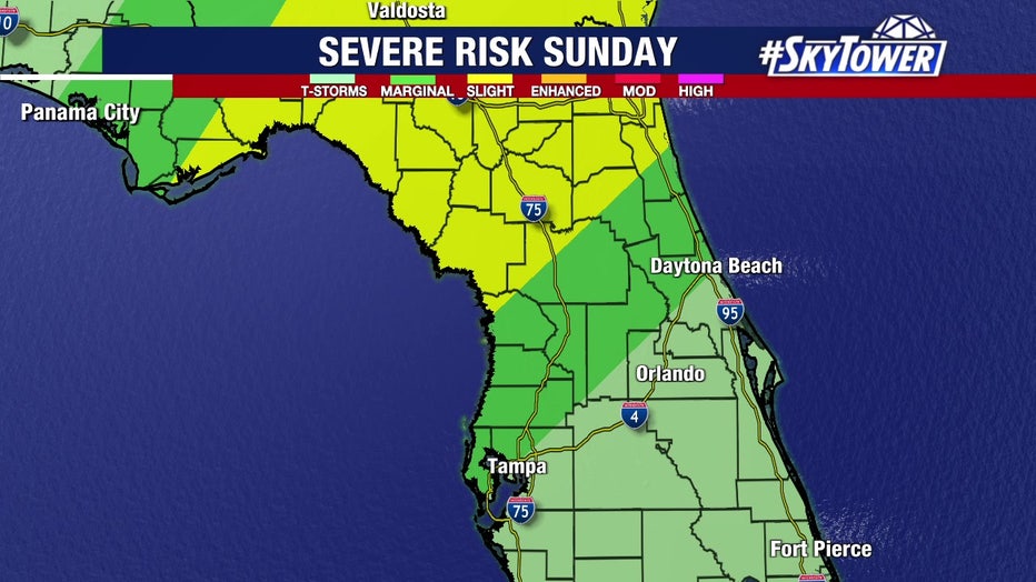 The Tampa Bay Area is exposed to a marginal risk for storms late Sunday and early Monday, say meteorologists.