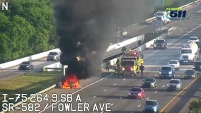 Crews battle car fire on I-75 in Hillsborough County
