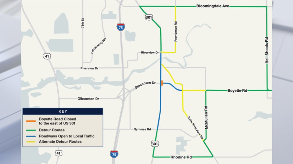 Detours will be in place for three weeks during the closure of Boyette Rd. in Hillsborough County.