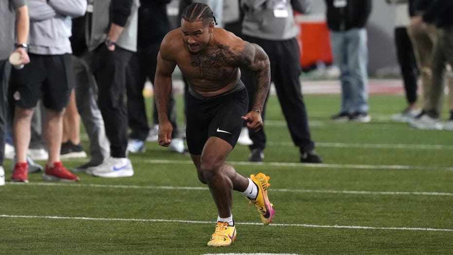 COLUMBUS, OHIO - MARCH 26: Emeka Egbuka #2 of the Ohio State Buckeyes participates in a drill during during Ohio State Pro Day at Woody Hayes Athletic Center on March 26, 2025 in Columbus, Ohio. (Photo by Jason Mowry/Getty Images)