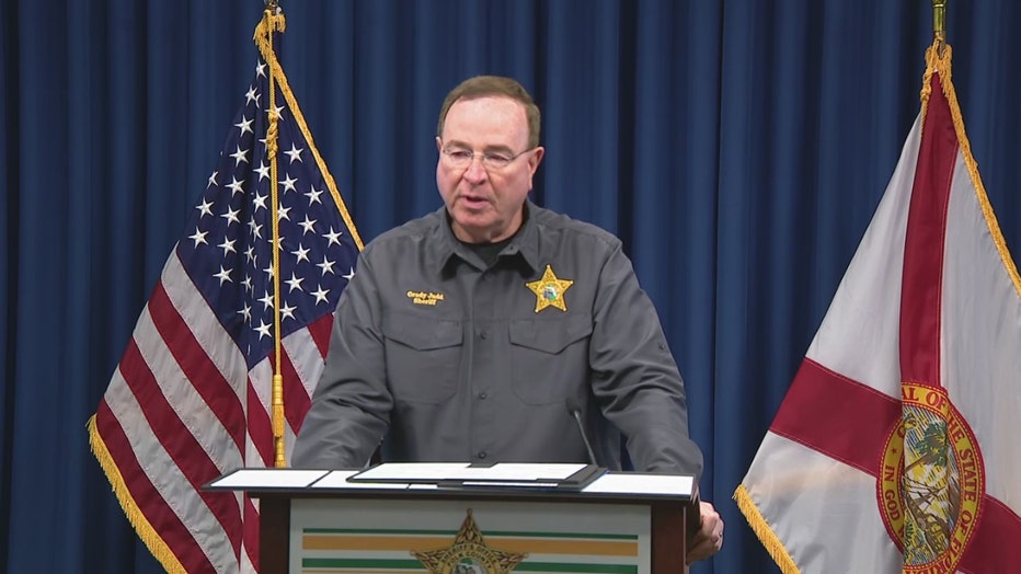 Pictured: Sheriff Grady Judd speaks at a news conference on April 18, 2025.