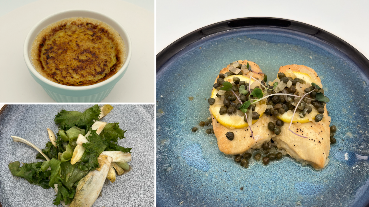 Dinner DeeAs recipes: Chicory Salad with Puntarelle Dressing, Chicken Piccata, Crème Brûlée