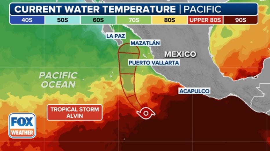 Cone forecast for Tropical Storm Alvin and current water temperatures in the Eastern Pacific Ocean.
(FOX Weather)