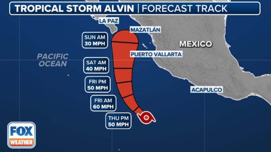 Forecast cone for Tropical Storm Alvin in the Eastern Pacific Ocean.
(FOX Weather)