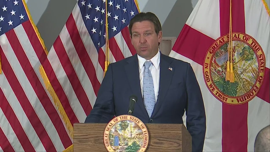 Pictured: Gov. Ron DeSantis speaks at a news conference in Fort Myers on May 29, 2025.