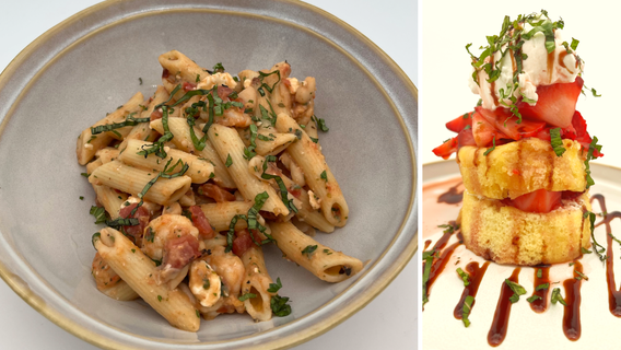 Dinner DeeAs recipes: Garlic Butter Shrimp & White Bean Pasta, Quick Strawberry Shortcake