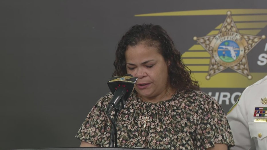 Pictured: Amy Olmdea speaks at a news conference on June 4, 2025.