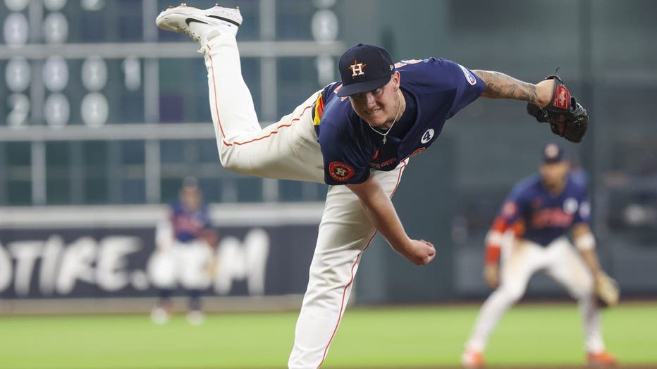 HOUSTON, TX - JUNE 01: Houston Astros starting pitcher Hunter Brown (58) watches his pitch in the top of the fifth inning during the MLB game between the Tampa Bay Rays and Houston Astros on June 1, 2025 at Daikin Park in Houston, Texas. (Photo by Leslie Plaza Johnson/Icon Sportswire via Getty Images)