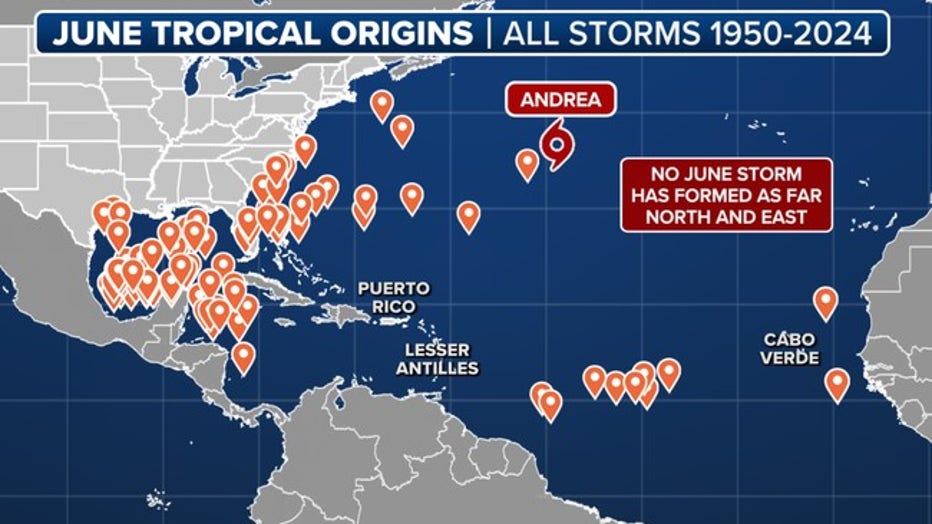 Andrea became the farthest north and east a tropical system has formed in the Atlantic during June since records began in 1851. (Note: Only satellite data, which began in 1950, is shown on this graphic.) (FOX Weather)