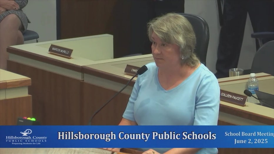 Pictured: Trisha Long speaks during Monday's school board meeting in Hillsborough County.