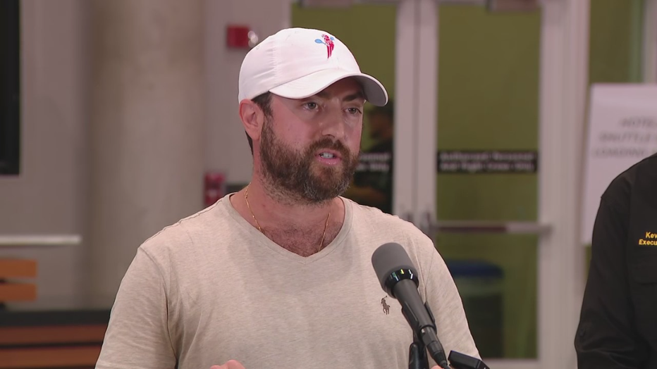 Pictured: Josh Hammer speaks at a news conference at Tampa International Airport on June 20, 2025.
