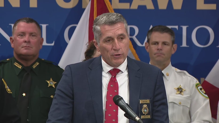 Pictured: Florida Department of Law Enforcement Commissioner Mark Glass speaks at a news conference in Tampa on June 23, 2025.
