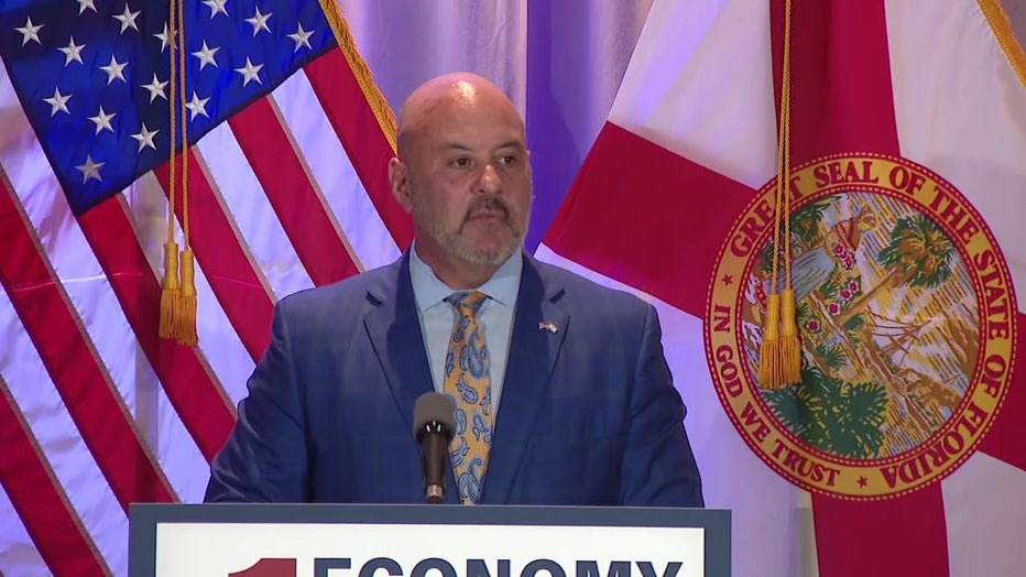 Pictured: New Florida CFO Blaise Ingoglia speaks at a news conference in Tampa on July 16, 2025.
