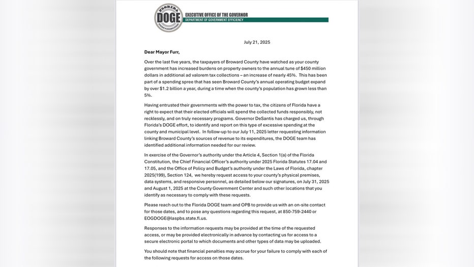 Letter sent to Broward County by the State of Florida. (Courtesy: X/@GovGoneWild)