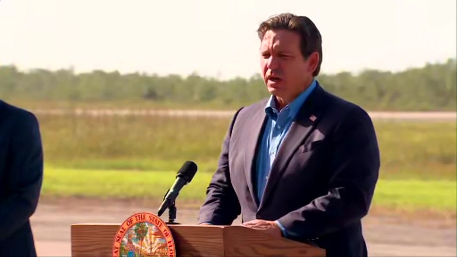 Pictured: Gov. Ron DeSantis speaks at a news conference at Alligator Alcatraz in South Florida on July 25, 2025.