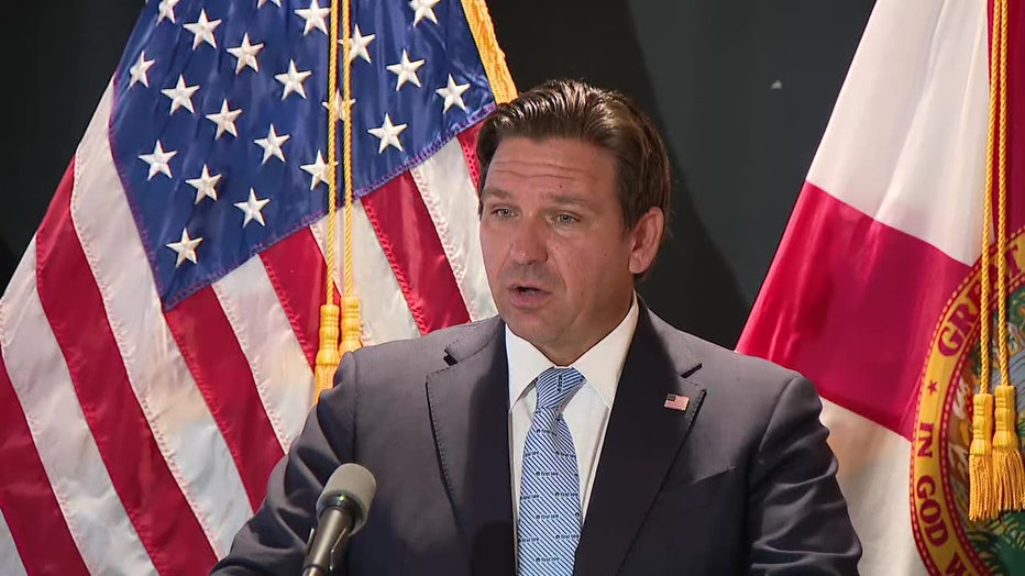 Pictured: Gov. Ron DeSantis speaks at a news conference in Bradenton, Florida on July 24, 2025.