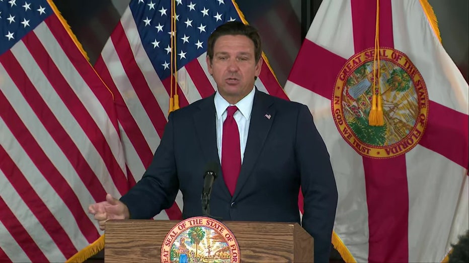 Pictured: Gov. Ron DeSantis speaks at a news conference in Fort Lauderdale on July 22, 2025.