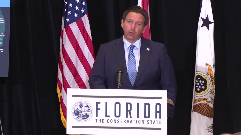 Pictured: Gov. Ron DeSantis speaks at a news conference in Marco Island on July 18, 2025.