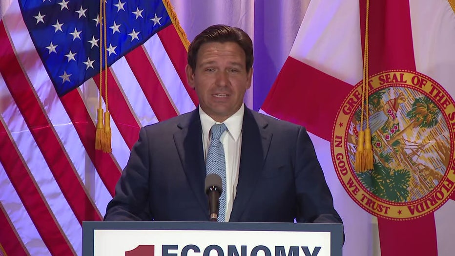 Pictured: Gov. Ron DeSantis speaks at a news conference in Tampa on July 16, 2025.