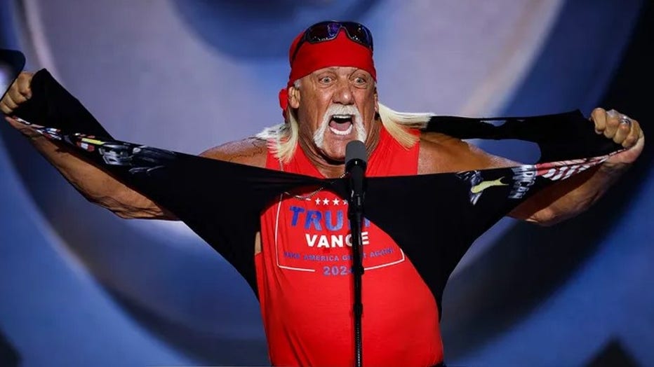 Hulk Hogan rips his shirt as he speaks on stage on the fourth day of the Republican National Convention at the Fiserv Forum on July 18, 2024 in Milwaukee, Wisconsin. (Chip Somodevilla/Getty Images)