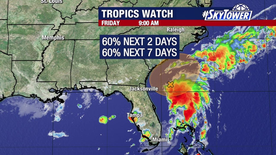 The National Hurricane Center is giving Invest 92L a 60% chance of development in the next two days.