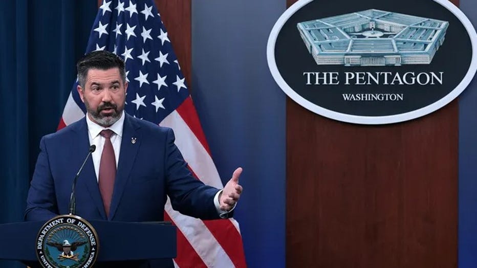 Chief Pentagon Spokesman Sean Parnell speaks during a press conference at the Pentagon on Mar. 17, 2025 in Arlington, Virginia. (Alex Wong/Getty Images)