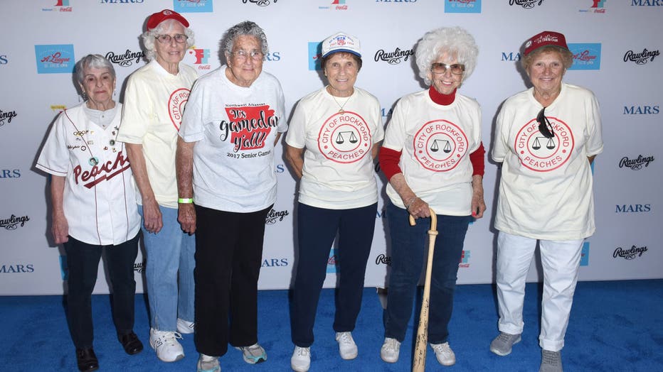 BENTONVILLE, AR - MAY 07: Original players in the All American Girls Professional Baseball League Gina Chirpie Casey, Shirley Burkovich, Betty Christian, Suzanne Parsons, Maybelle Blair and Dolly Dolly Niemiec attend "A League of Their Own" 25th Anniversary Game at the 3rd Annual Bentonville Film Festival on May 7, 2017 in Bentonville, Arkansas. (Photo by Vivien Killilea/Getty Images for Bentonville Film Festival)