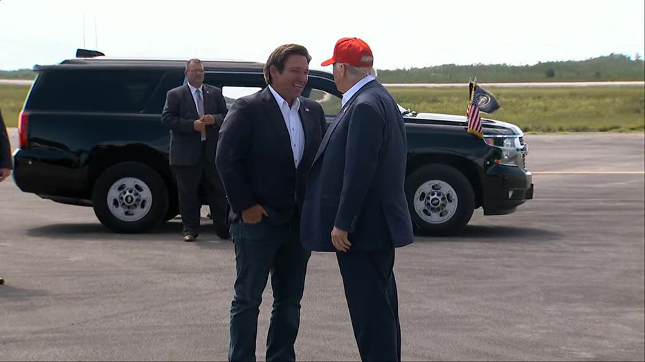 Pictured: President Donald Trump and Florida Gov. Ron DeSantis meet at "Alligator Alcatraz" in the Everglades on July 1, 2025.
