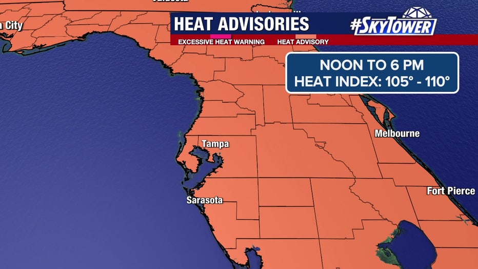 A heat advisory is in place on Monday from noon until 6 p.m.