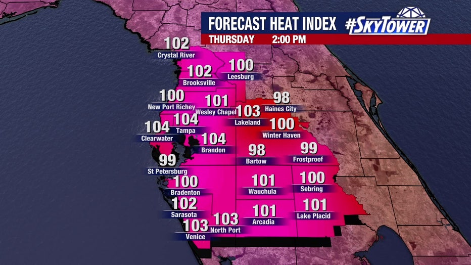 The heat index could top 100 degrees in many areas on Thursday, meteorologists say.