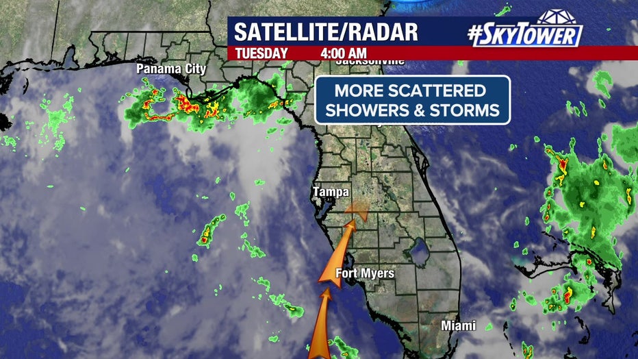 More scattered showers and storms are expected Tuesday, meteorologists say.