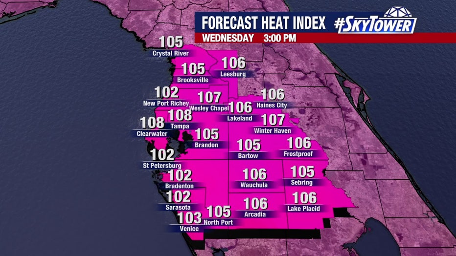 The heat index will again top 100 degrees on Wednesday, meteorologists say.