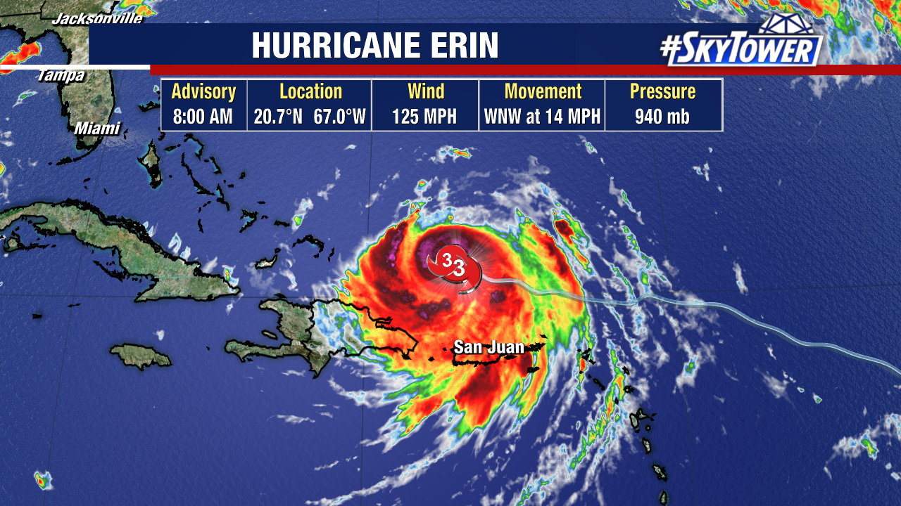 Hurricane Erin passing Caribbean Islands as Category 3 storm