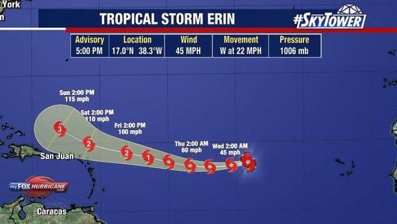 Tropical Storm Erin moving west, expected to become first Atlantic hurricane of 2025 season