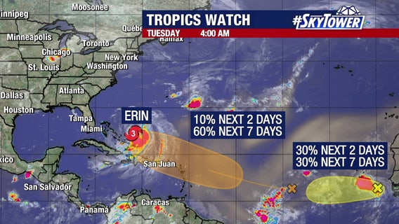 Hurricane Erin brings impacts to Florida coast, NHC increases development chances for 2 more tropical waves