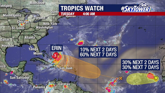 Hurricane Erin brings impacts to Florida coast, NHC increases development chances for 2 more tropical waves