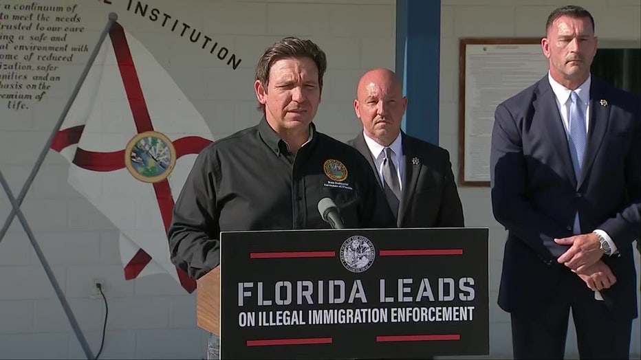 Pictured: Gov. Ron DeSantis speaks at a news conference at Baker Correctional Institution on Aug. 14, 2025.