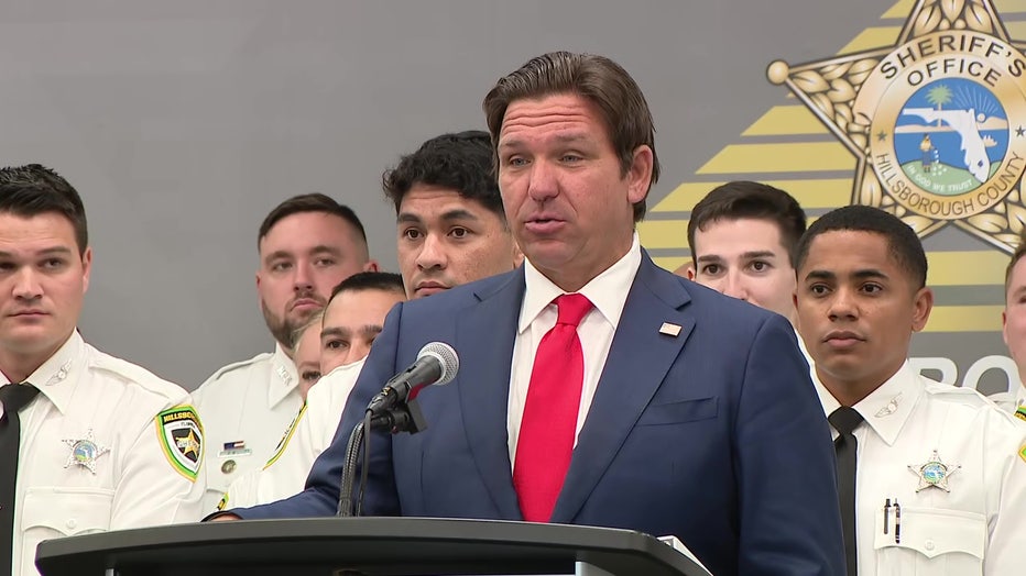 Pictured: Gov. Ron DeSantis speaks at a news conference in Tampa on Aug. 13, 2025.