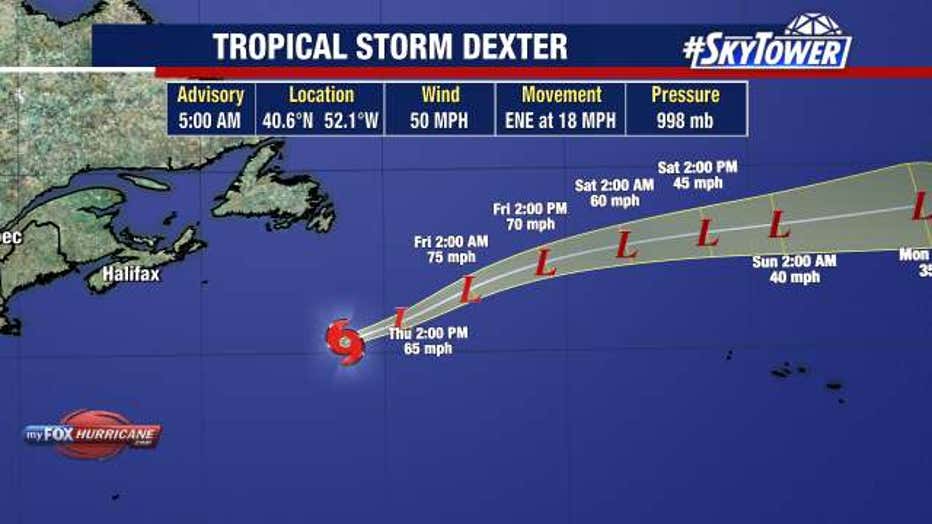 Tropical Storm Dexter continues to move over open water.
