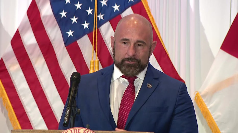 Pictured: New Florida Lt. Gov. Jay Collins speaks at a news conference in Tampa on Aug. 12, 2025.