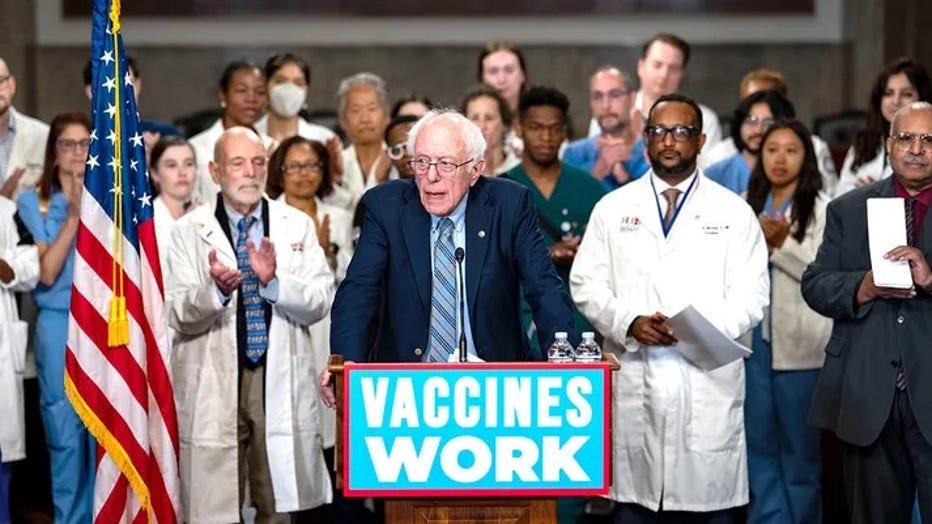 Sen. Bernie Sanders speaks at a Capitol Hill news conference on vaccine safety, joined by doctors and public health experts. (Kent Nishimura/Getty Images)