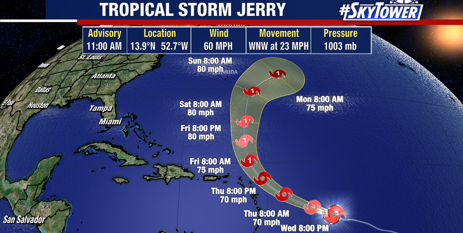 Tropical Storm Jerry continues to strengthen, other disturbance